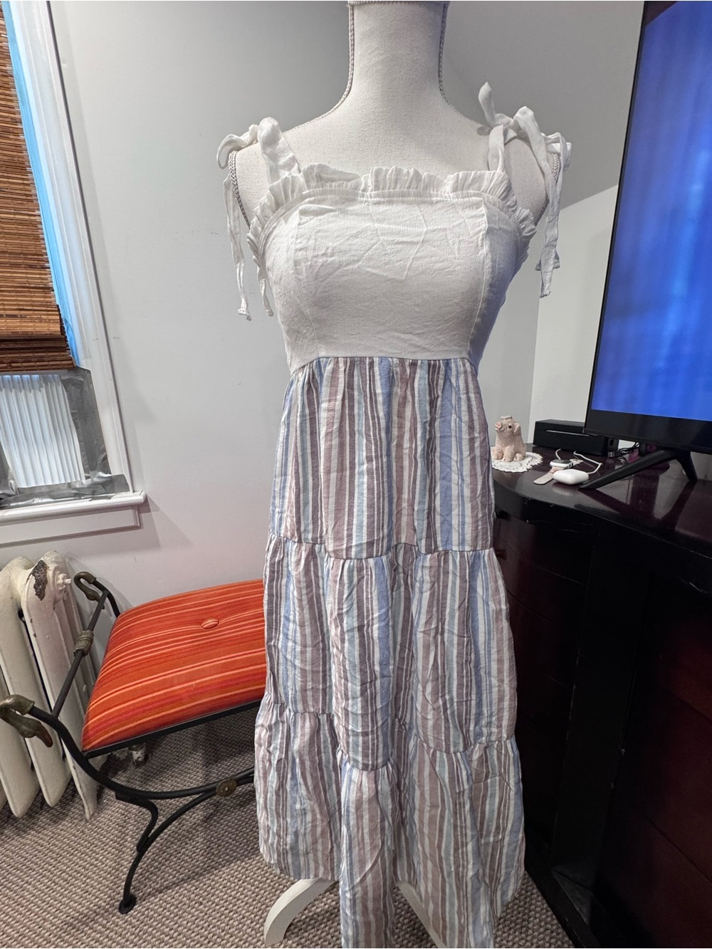 White Ruched Bodice Tiered Striped Maxi Dress
